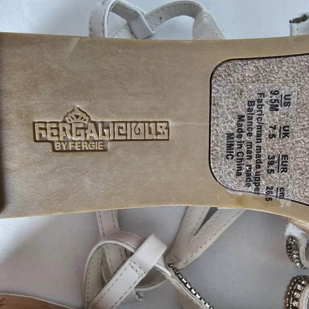 Fergalicious White Strappy Cork Wedge Summer Sandals Rhinestone Size 9.5